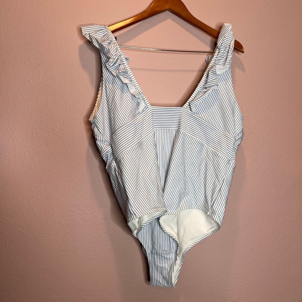 H&M striped one piece swimsuit ruffle on neck very cute - Picture 4 of 7